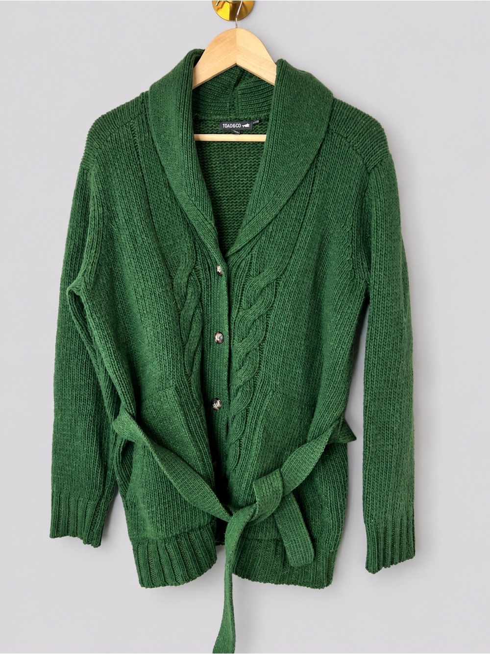 Toad&Co Green Cable Knit Shawl Collar Belted Cardigan Sweater